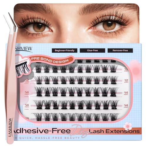 LASHVIEW D Curl Press-On Wimpern Set Vorgeklebte Wimpern Mit Applikator, Kein Kleber Kein Entferner Benötigt DIY Wimpernverlängerung Set 10-16mm (N03 60Pcs) von LASHVIEW
