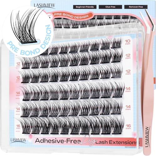 LASHVIEW Self Adhesive Eyelashes,D Curl Press On Lash Clusters Kit Pre Glued Eyelash Clusters with Applicator,No Glue No Remover Needed DIY Lash Extension Kit 10-16mm (AC01-N 60Pcs) von LASHVIEW