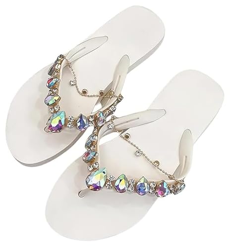 LASTVRGL Strass-Ketten-Flip-Flops, modische, flache, mit Strasssteinen besetzte Sandalen für Damen (White,39) von LASTVRGL