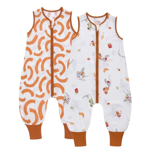 LAT 2er Pack Baby Schlafsack mit Füße 0.5 TOG, Musselin Sommerschlafsack, Baby Schlafsack Sommer mit Beinen für Säugling Kinder Junge Mädchen, Länge 65 cm, 3-12 Monate (Maus+Bogen) von LAT LEE AND TOWN