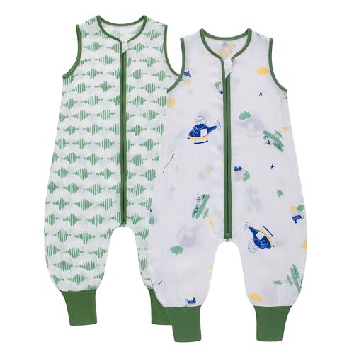 LAT 2er Pack Baby Schlafsack mit Füße 0.5 TOG, Musselin Sommerschlafsack,Babyschlafsack Sommer mit Beinen für Säugling Kinder Junge Mädchen, Länge 65 cm, 3-12 Monate (Flugzeug+Streifen) von LAT LEE AND TOWN