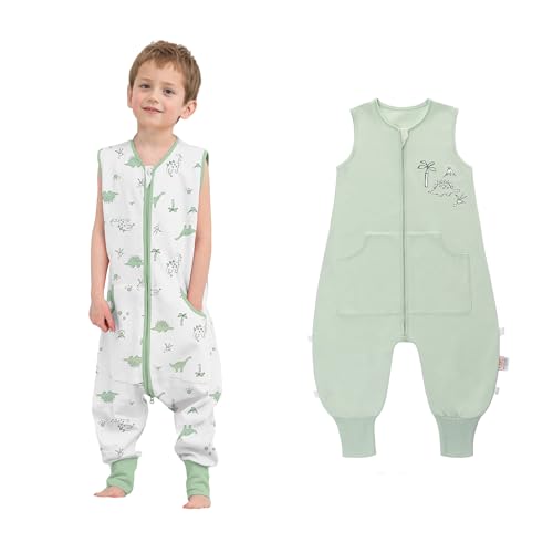 LAT Baby Schlafsack mit Füßen 2er Pack, Baby Sommerschlafsack mit Füßen, 0.5 TOG Kinder Schlafsack mit Beinen, 100% Baumwolle Kinder Sommerschlafsack mit Taschen (Dinosaurier+Grün, M) von LAT LEE AND TOWN