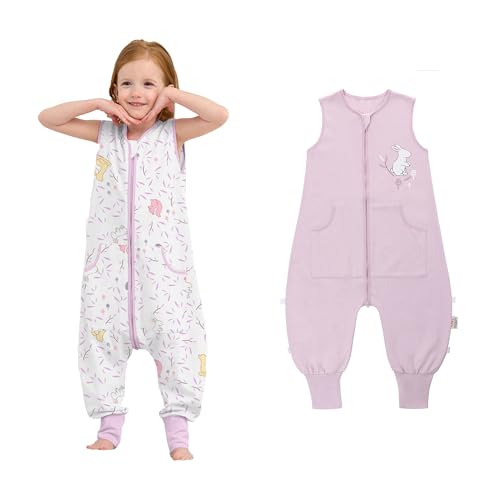 LAT Baby Schlafsack mit Füßen 2er Pack, Baby Sommerschlafsack mit Füßen, 0.5 TOG Kinder Schlafsack mit Beinen, 100% Baumwolle Kinder Sommerschlafsack mit Taschen für Jungen Mädchen(Kaninchen+Weiß, XL) von LAT LEE AND TOWN