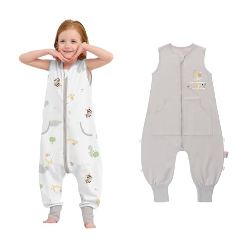 LAT Baby Schlafsack mit Füßen 2er Pack, Baby Sommerschlafsack mit Füßen, 0.5 TOG Kinder Schlafsack mit Beinen, 100% Baumwolle Kinder Sommerschlafsack mit Taschen für Jungen Mädchen (Giraffe+Grau, L) von LAT LEE AND TOWN