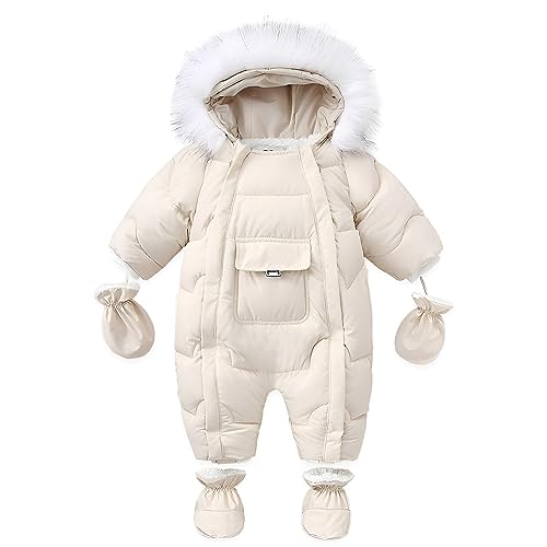 LAT Baby Winter Schneeanzug mit Handschuhen und Schuhen, Unisex Baby Strampler Flanell, Baby Overall Winter mit Kapuze Unisex-Jumpsuit für Jungen Mädchen (M, Cremefarben) von LAT LEE AND TOWN