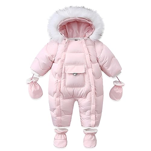 LAT Baby Winter Schneeanzug mit Handschuhen und Schuhen, Unisex Baby Strampler Flanell, Baby Overall Winter mit Kapuze Unisex-Jumpsuit für Jungen Mädchen (S, Rosa) von LAT LEE AND TOWN