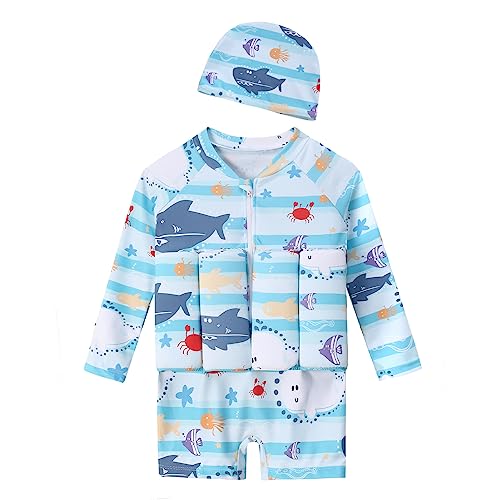 LAT LEE AND TOWN Jungen Schwimmender Badeanzug Baby Schwimmanzug uv Schutz Fisch Bademode Einteiler Set mit Hut Blau von LAT LEE AND TOWN