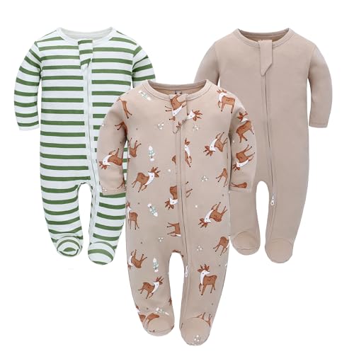 LAT LEE AND TOWN Neugeborenes Baby Jungen Mädchen Strampler mit Fuß Baby Schlafanzug Einteilige Lange Ärmel Overall Säuglings Frühling Herbst Body, 3er-Pack (0-3M, Hirsch) von LAT LEE AND TOWN