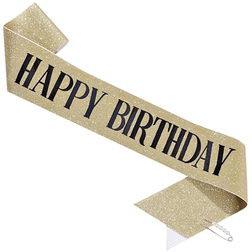 LATFZ Schärpe "Happy Birthday" mit Perlennadel – Glitzer-Schärpe für Frauen – Happy Birthday Schärpe für Mädchen (Gold Schwarz, Groß) von LATFZ