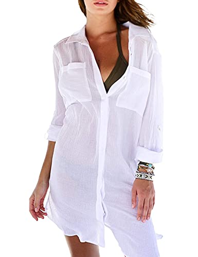 Damen Strandhemd V-Ausschnitt Verkleidung Strandkleid Sommer Pareo für Badeanzug Bikini Cover Up Sexy, weiß, onesize von LATH.PIN