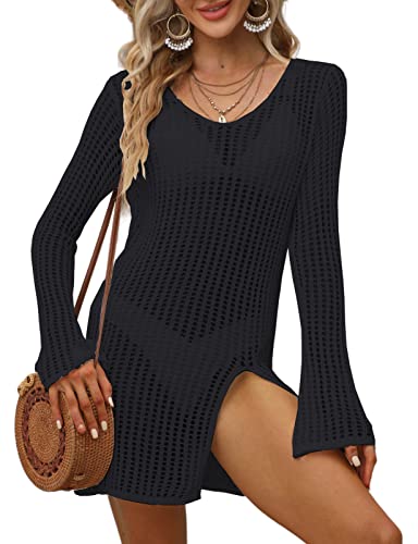 LATH.PIN Badeanzug für Damen, Meer, Häkeln, lässig, Langarm, Pull-on Bikini, Cover Up Curvy, Elastan, einfarbig für Strand, Meer, Pool, Urlaub, 1406-schwarz, M von LATH.PIN