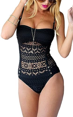 LATH.PIN Damen Badeanzug Spitze Bademode Push Up Strandbikini V-Ausschnitt Swimsuit Monokini Einteilige Sexy (M, Schwarz) von LATH.PIN