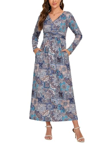 LATH.PIN Damen Boho Blumen Maxikleid Casual Langarm Tiefer V-Ausschnitt Langes Kleid Plissierte Taille Maxikleider mit Taschen Print Freizeit cocktailkleid von LATH.PIN