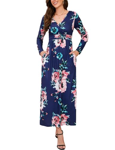 LATH.PIN Damen Boho Blumen Maxikleid Casual Langarm Tiefer V-Ausschnitt Langes Kleid Plissierte Taille Maxikleider mit Taschen Print Freizeit cocktailkleid von LATH.PIN