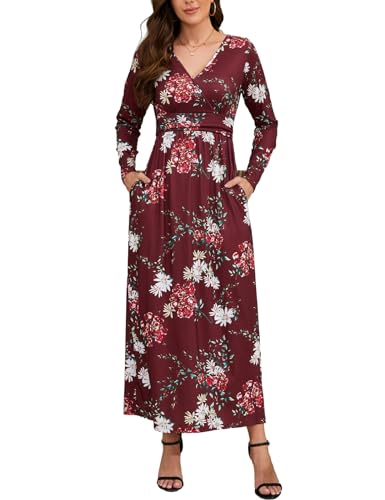 LATH.PIN Damen Boho Blumen Maxikleid Casual Langarm Tiefer V-Ausschnitt Langes Kleid Plissierte Taille Maxikleider mit Taschen Print Freizeit cocktailkleid von LATH.PIN