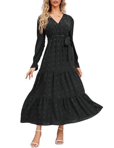 LATH.PIN Damen Boho Herbstkleid Lässiges Maxikleid mit schweizer Punkt Muster, Wickeloptik V-Ausschnitt und langen Ärmeln Taillengürtel fließendes langes Kleid für Hochzeitsfeiern und Cocktail-Anlässe von LATH.PIN