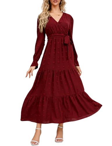 LATH.PIN Damen Boho Herbstkleid Lässiges Maxikleid mit schweizer Punkt Muster, Wickeloptik V-Ausschnitt und langen Ärmeln Taillengürtel fließendes langes Kleid für Hochzeitsfeiern und Cocktail-Anlässe von LATH.PIN