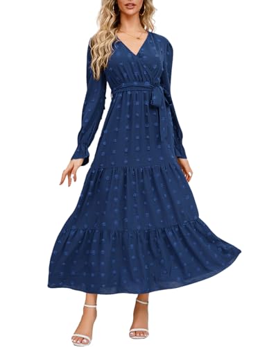 LATH.PIN Damen Boho Herbstkleid Lässiges Maxikleid mit schweizer Punkt Muster, Wickeloptik V-Ausschnitt und langen Ärmeln Taillengürtel fließendes langes Kleid für Hochzeitsfeiern und Cocktail-Anlässe von LATH.PIN