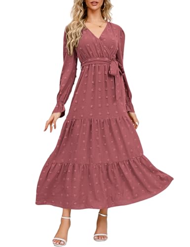 LATH.PIN Damen Boho Herbstkleid Lässiges Maxikleid mit schweizer Punkt Muster, Wickeloptik V-Ausschnitt und langen Ärmeln Taillengürtel fließendes langes Kleid für Hochzeitsfeiern und Cocktail-Anlässe von LATH.PIN