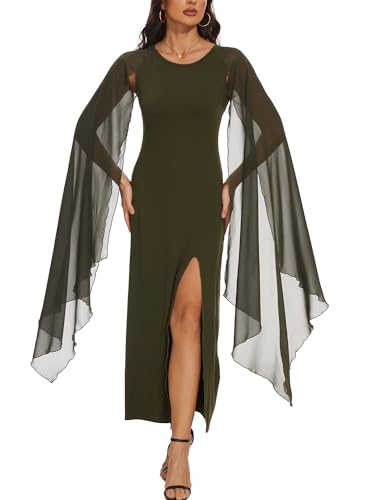 LATH.PIN Damen Elegantes Langes Kleid mit hohem Schlitz ausgestellten Ärmeln und Abendkleidern Halloween Gothic Maxikleid mit Umhang von LATH.PIN