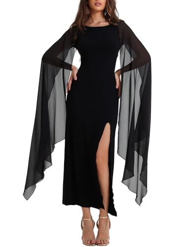 LATH.PIN Damen Elegantes Langes Kleid mit hohem Schlitz ausgestellten Ärmeln und Abendkleidern Halloween Gothic Maxikleid mit Umhang von LATH.PIN