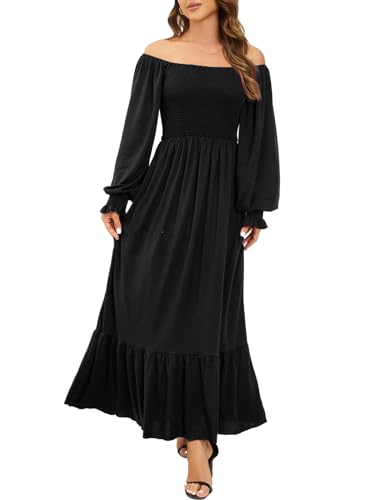 LATH.PIN Damen Freizeit Maxikleid Elegant Einfarbiges Kleid mit schulterfreiem Design quadratischem Ausschnitt gerafftem Schwung A-Linien Langen Ärmeln Cocktailkleid Abendkleider von LATH.PIN