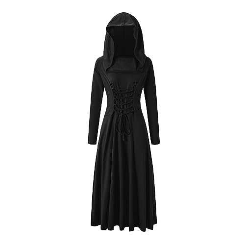 LATH.PIN Damen Retro Gotischen Kleides Mittelalter Kleid Renaissance Stil langes Kapuzenkleid Vintage gotische Kostüm und Daumenloch Ärmel von LATH.PIN