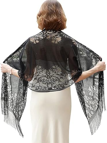 LATH.PIN Damen Stola Schal aus Spitze, hohl, weicher Umschlag, Abendumschläge, für Hochzeit, Zeremonien, Party, Braut, Cocktail, Abendkleid, 180 cm x 70 cm, Schwarz , 170*70cm von LATH.PIN