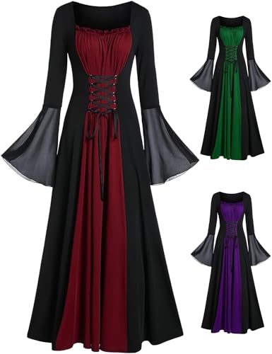 LATH.PIN Mittelalterliches Renaissance-Kleid für Damen Gotisches Vintage-Kleid mit Korsett Schnürung und ausgestellten Ärmeln Halloween-Kleider im A-Linien-Stil schwingendes Goth-Kleid von LATH.PIN