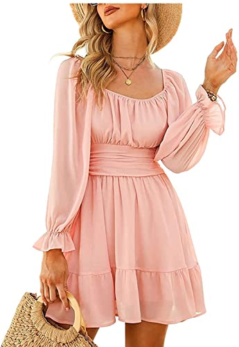 LATH.PIN Sommerkleid 3/4 Ärmel Laternen Strandkleid mit Schnürung Rücken Neckholder Vintage Kleid Rüschen Rock A-Linie, V-Ärmel Rosa, Medium von LATH.PIN