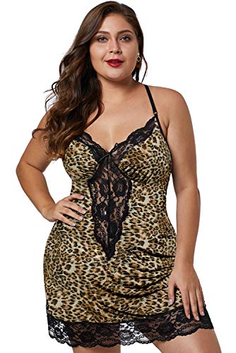 LATH.PIN Spitze Nachthemd Übergrößen Damen ohne Ärmel sexy V-Ausschnitt verstellbare Träger Pyjama-Kleid mit G-String XL-4XL, SY-6019-BW-XL-LIT, SY-6019-BW-XL-LIT XL von LATH.PIN