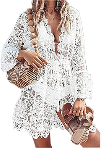 LATH.PIN Strandkleid Damen Sommer Spitze Gestrickte Strandponcho Kurz V-Ausschnitt Langarm Badeanzug Bikini Cover Up Sexy für Urlaub Strand von LATH.PIN