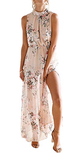 LATH.PIN Strandkleid für Damen, Sommerkleid mit Blumenmuster, schulterfrei und Schlitz vorne, Boho-Kleid, lang, für Party, Abend, Zeremonie, 359 - Rosa, Large von LATH.PIN