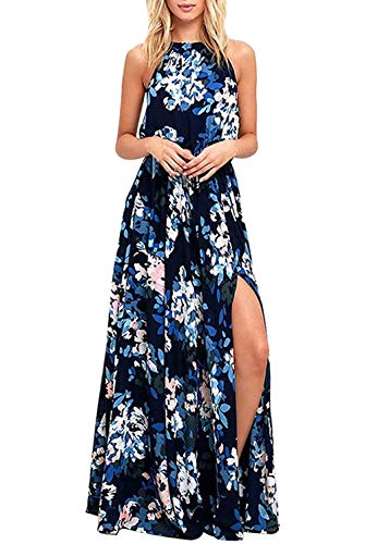 LATH.PIN Strandkleid für Damen, Sommerkleid mit Blumenmuster, schulterfrei und Schlitz vorne, Boho-Kleid, lang, für Party, Abend, Zeremonie, 457-Blau, Small von LATH.PIN