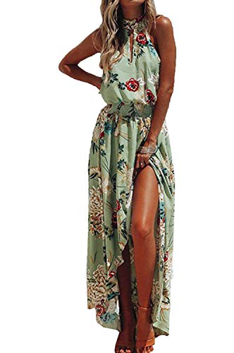 LATH.PIN Sommerkleid für Damen, Blumenmuster, schulterfrei, Schlitz, Boho-Stil, lang, für Party, Abend, Zeremonie, 458-Grün, X-Large von LATH.PIN