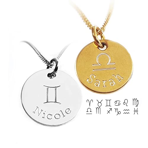 LATIGGA Halskette mit Gravur, Sternzeichen Anhänger, Name, Tierkreiszeichen, Wunschtext, 925 Silber oder Vergoldet von LATIGGA