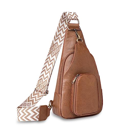 LATIT Crossbody Bag mit Breiter Gurt Klein Umhänge Tasche Leder Brusttasche Vintage Schultertasche Tasche Crossbody Bag Damen Breiter Gurt Bodybag Damen Sling Bag (Braun) von LATIT