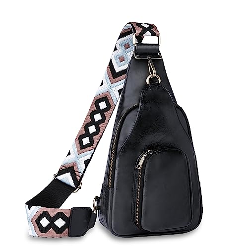 LATIT Crossbody Bag mit Breiter Gurt Klein Umhänge Tasche Leder Brusttasche Vintage Schultertasche Tasche Crossbody Bag Damen Breiter Gurt Bodybag Damen Sling Bag (Schwarz) von LATIT