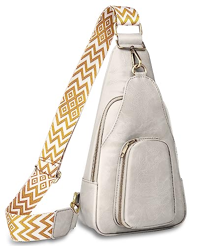 LATIT Sling Bag für Frauen PU Leder Brusttasche Damen Crossbody Tasche Outdoor Wandern Wasserdicht Umhängetasche mit Gitarrengurt (Schwarz), beige von LATIT