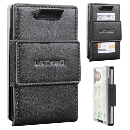 LATKWO Schlanke, minimalistische Metallgeldbörse für Herren, RFID-blockierend, Vordertasche hinten, minimalistischer Kreditkartenhalter, hält 1–10 Karten mit Ausweisfenster, Schwarz, Minimalistisch LATKWO Schlanke, minimalistische Metallgeldbörse für Herren, RFID-blockierend, Vordertasche hinten, minimalistischer Kreditkartenhalter, hält 1–10 Karten mit Ausweisfenster, Schwarz, Minimalistisch von LATKWO