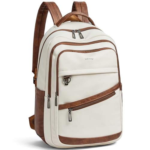 LATMAP 32L Rucksack Damen PU leder,Beige Tagesrucksack Mittel-Groß Laptoprucksack Elegant Handtasche Unisex Lederrucksack mit Geldbörse für Reisen Freizeit Uni von LATMAP