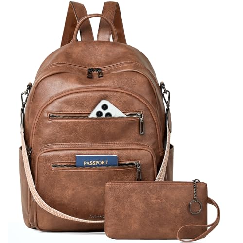 LATMAP 32L Rucksack Damen PU leder,Braun Tagesrucksack Mittel-Groß Laptoprucksack Elegant Handtasche Unisex Lederrucksack mit Geldbörse für Reisen Freizeit Uni von LATMAP