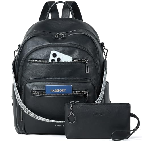LATMAP 32L Rucksack Damen PU leder,Schwarz Tagesrucksack Mittel-Groß Laptoprucksack Elegant Handtasche Unisex Lederrucksack mit Geldbörse für Reisen Freizeit Uni von LATMAP