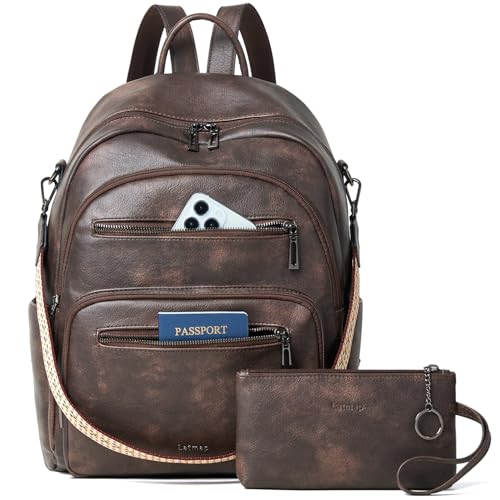 LATMAP 32L Rucksack Damen PU leder,Tagesrucksack Mittel-Groß Laptoprucksack Elegant Handtasche Unisex Lederrucksack mit Geldbörse für Reisen Freizeit Uni，Kaffee von LATMAP