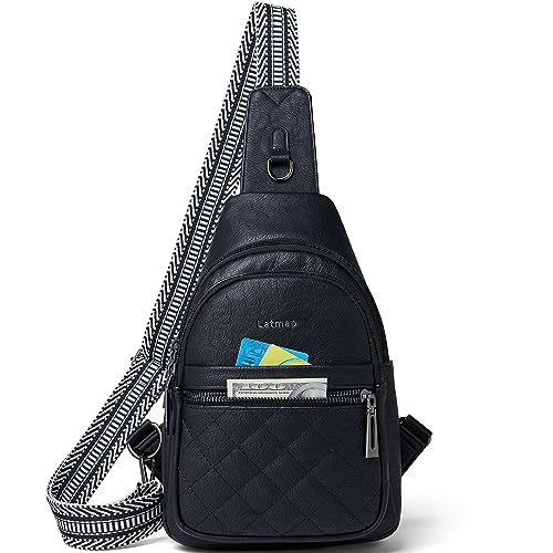 LATMAP Sling Bag Für Frauen Fanny Pack Kunstleder Kleine Casual Day-Pack Rucksack Crossbody Brusttaschen Geldbörse Wasserdicht Anti Diebstahl, Schwarz, S von LATMAP