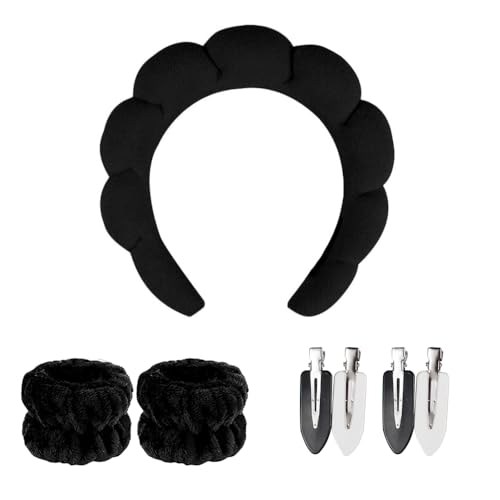 LATRAT 1 Haarbänder und Armbänder aus weichem Schwamm, 2 Armbänder mit 4 Haarspangen, ideal für Dusche, Make-up, Yoga und Sport (schwarz) von LATRAT