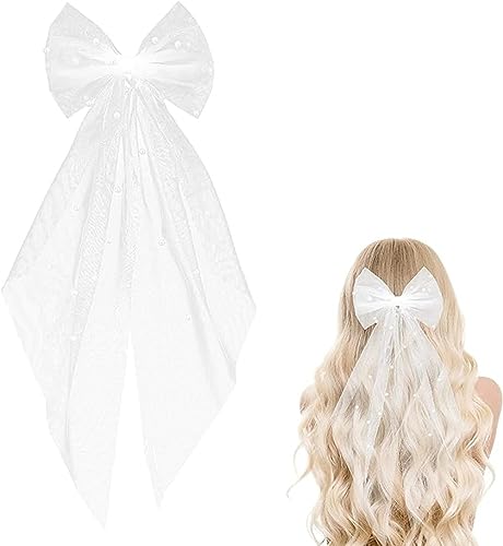 LATRAT Braut Haarschleife Schleier Weiße, Große Haarschleifen Clip Haar-Accessoires Haarschmuck Haarclip für Frauen und Mädchen Dickes Haar von LATRAT
