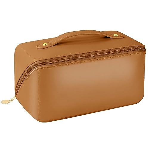 LATRAT Große Kosmetiktasche, Kosmetiktasche für unterwegs, mit Griff, wasserdicht, PU-Leder, für Damen, Kosmetik-Organizer, coffee, 23.5 x 10.5 x 11 cm von LATRAT