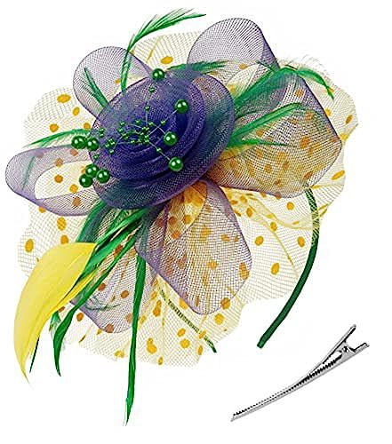 LATRAT Mesh Kopfbedeckung, Vintage-Feder-Bowler-Hut mit Mesh-Blumenherz-Haarteil, für Frauen Mädchen (Gelb-violett grün) von LATRAT