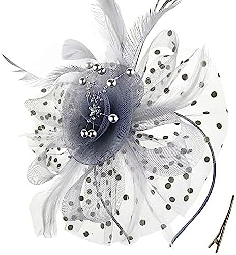 LATRAT Mesh Kopfbedeckung, Vintage-Feder-Bowler-Hut mit Mesh-Blumenherz-Haarteil, für Frauen Mädchen, Grau von LATRAT